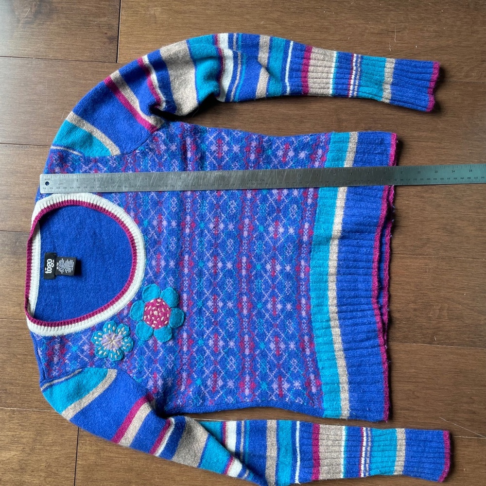 Vintage 80s Graphic Scoop Neck Sweater Periwinkle Blue Teal